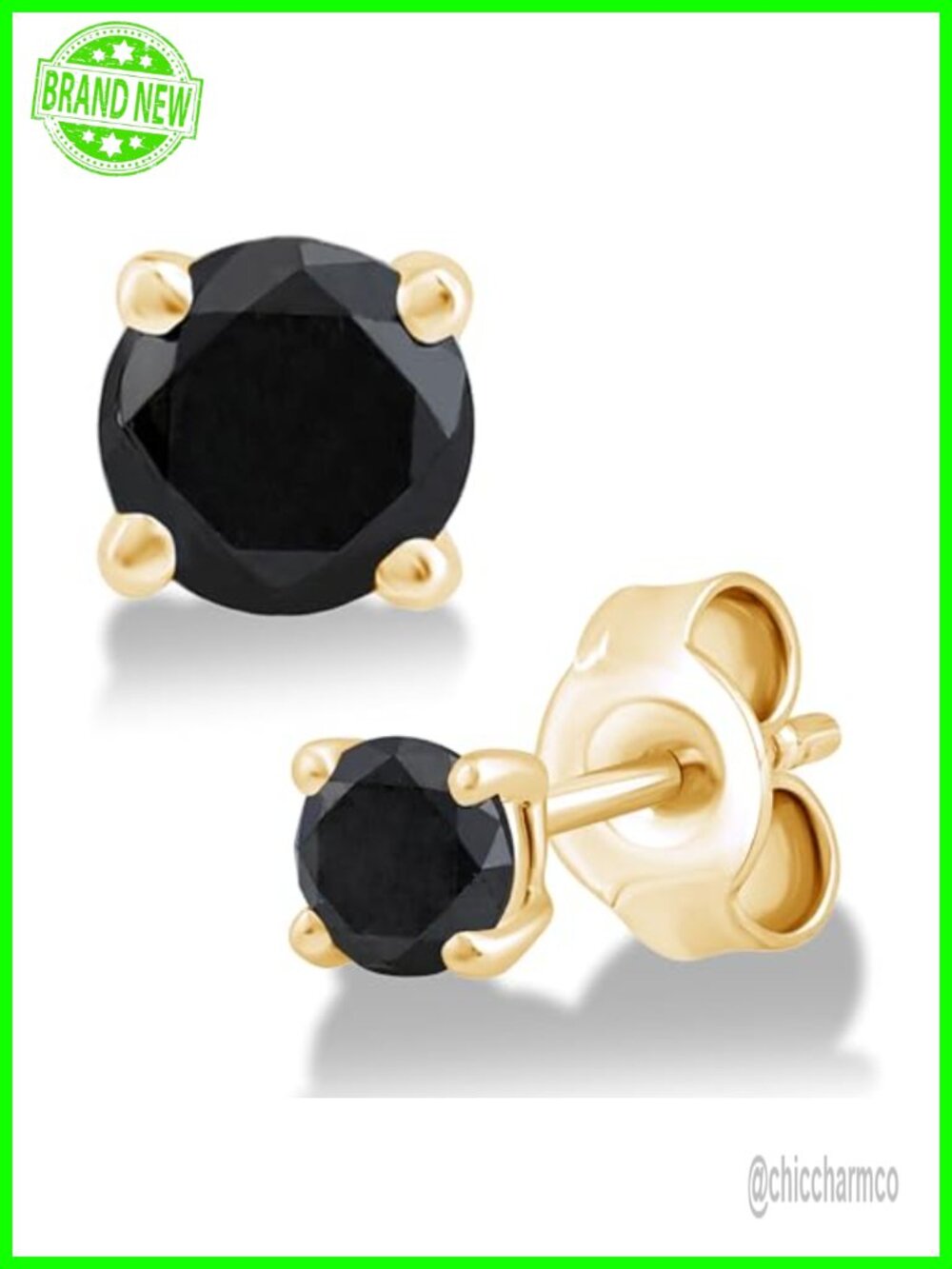 Round Cut Black Diamond Stud Earrings 4 Prong 925 Sterling Silver 14K Yellow